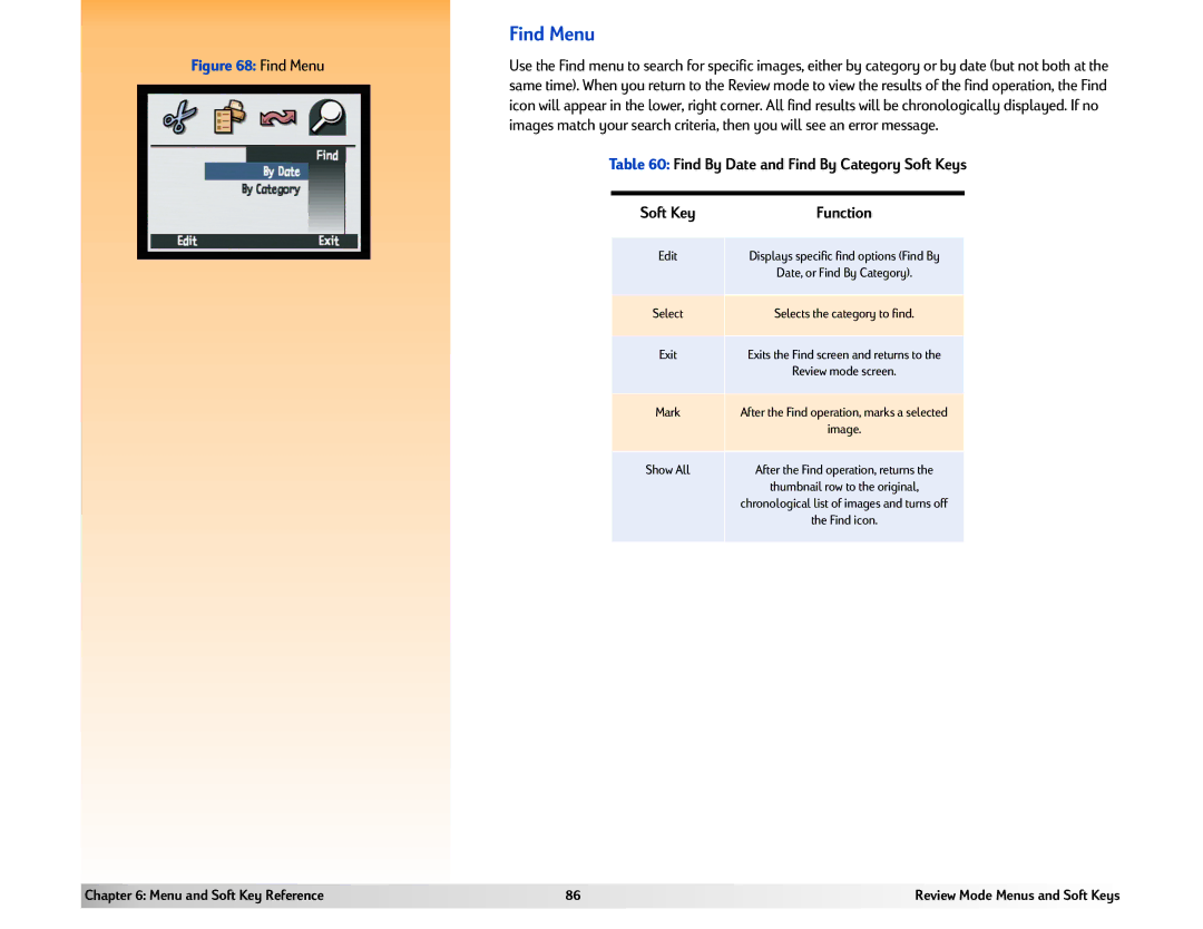 HP 618 manual Find Menu, Find By Date and Find By Category Soft Keys 