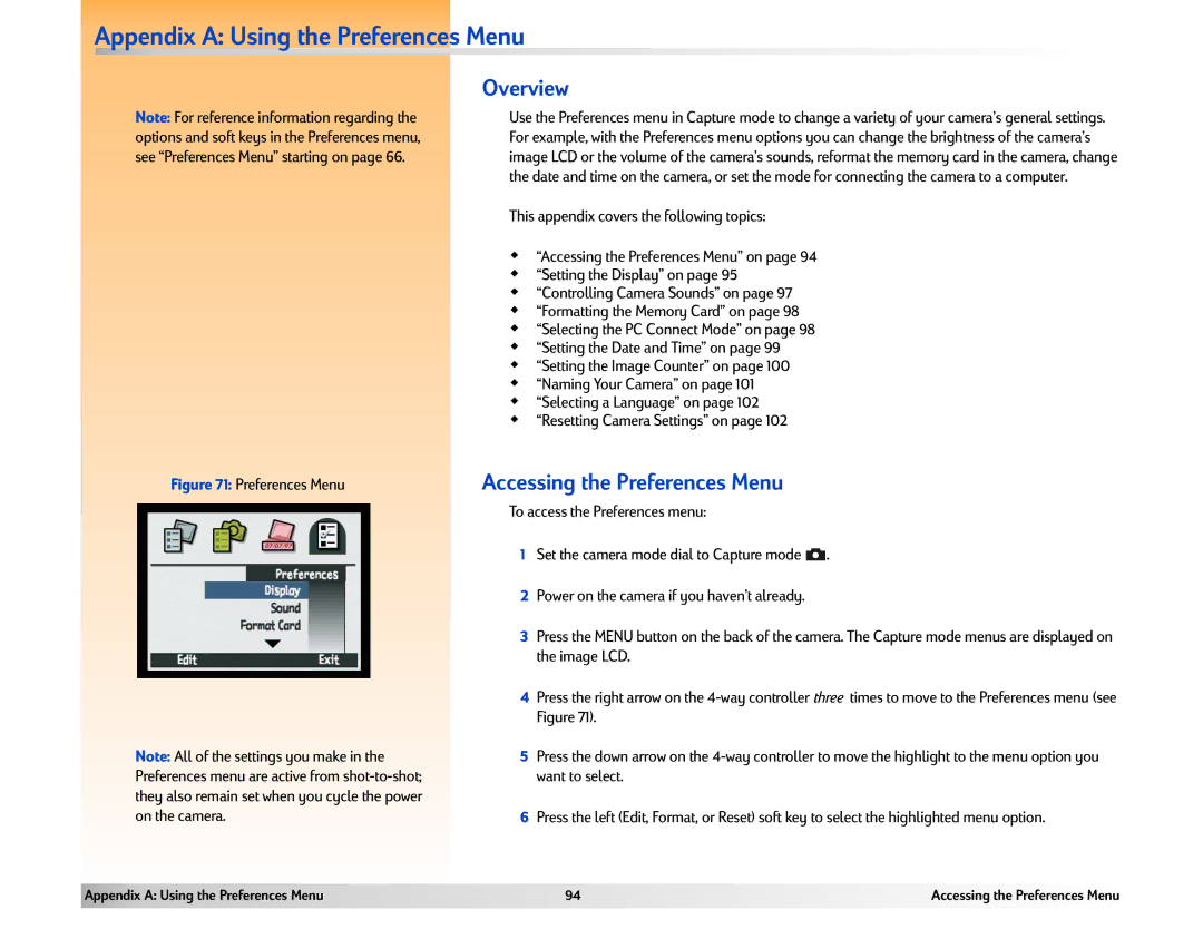 HP 618 manual Appendix a Using the Preferences Menu, Accessing the Preferences Menu 