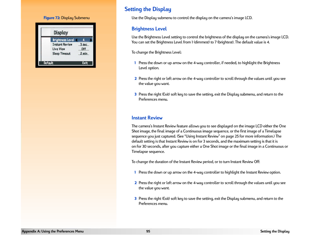 HP 618 manual Setting the Display, Brightness Level, Instant Review 