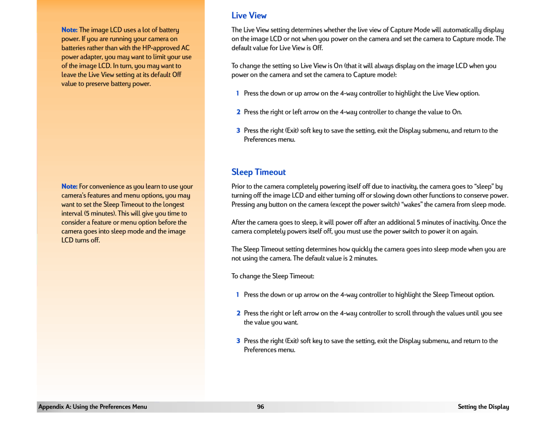 HP 618 manual Live View, Sleep Timeout 
