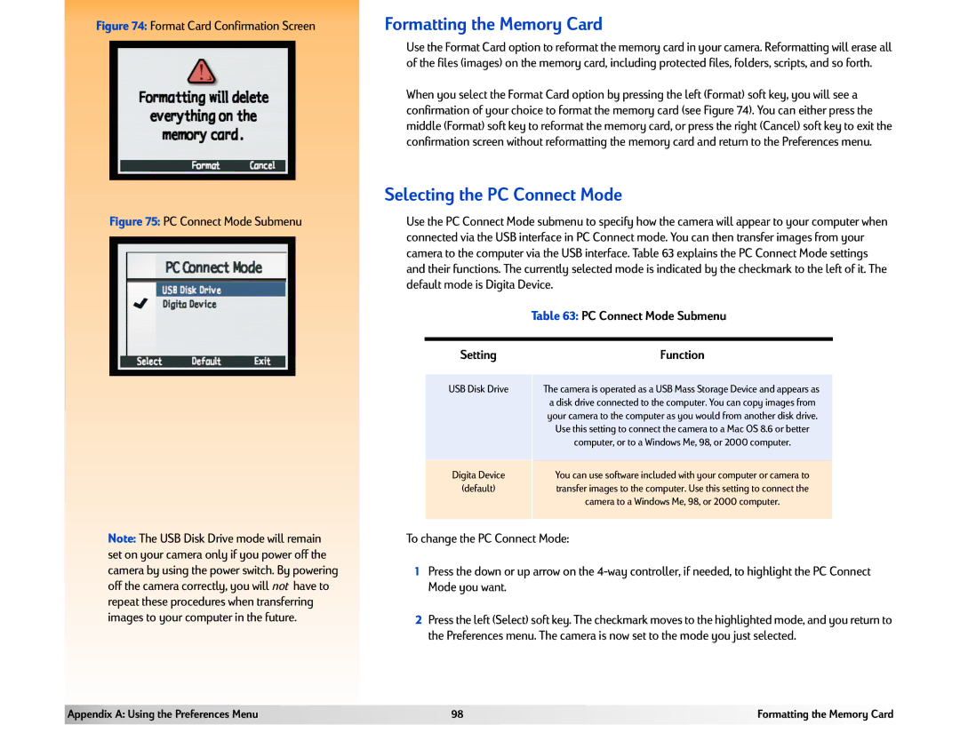 HP 618 manual Formatting the Memory Card, Selecting the PC Connect Mode 