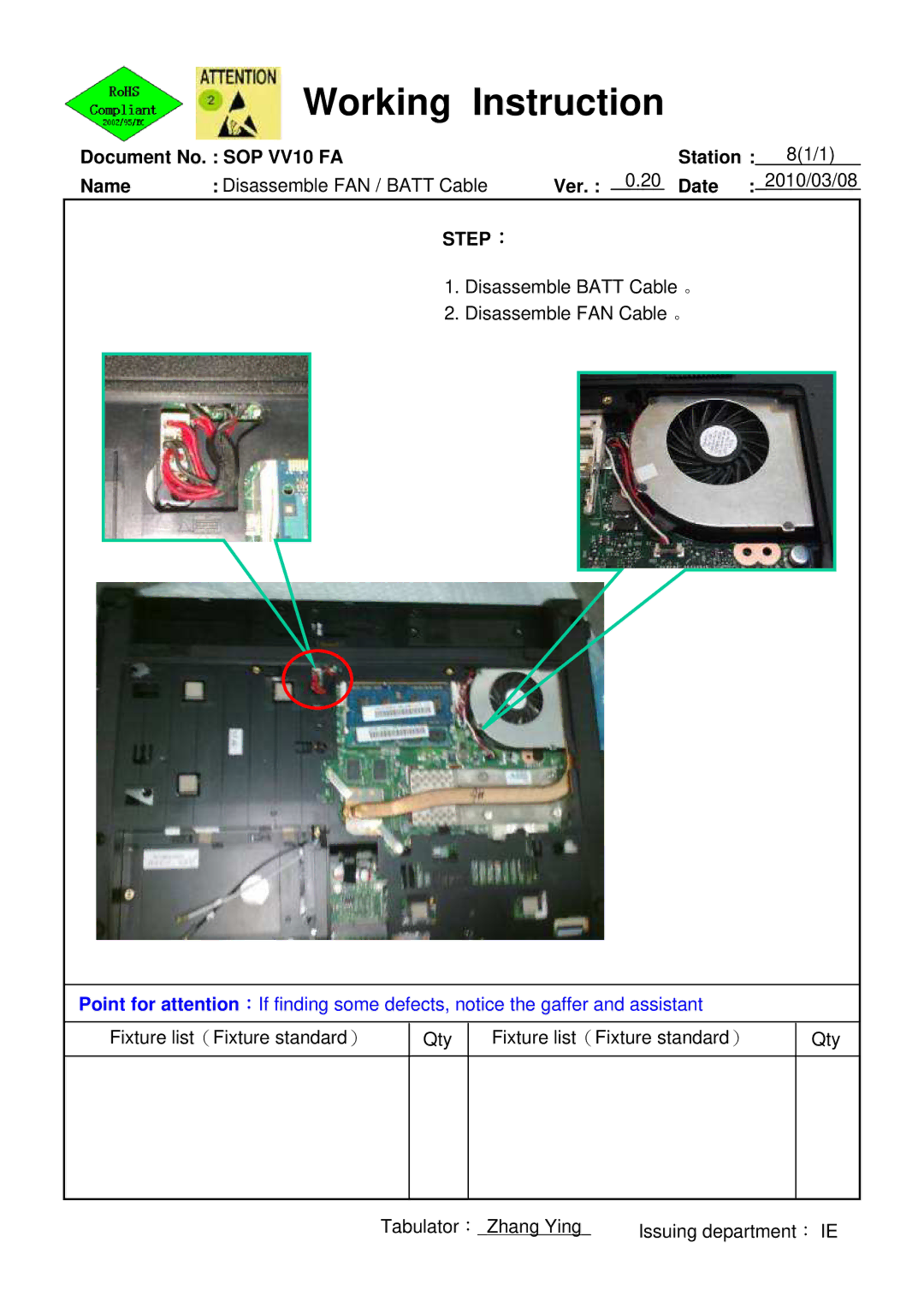 HP 620 manual Disassemble Batt Cable 。 Disassemble FAN Cable 。 