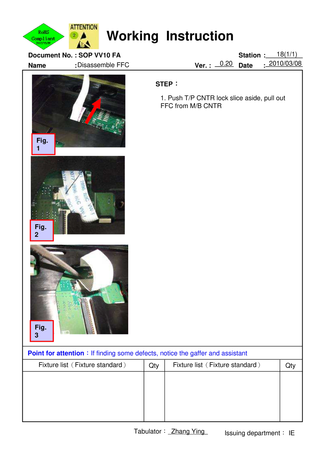 HP 620 manual Push T/P Cntr lock slice aside, pull out FFC from M/B Cntr 