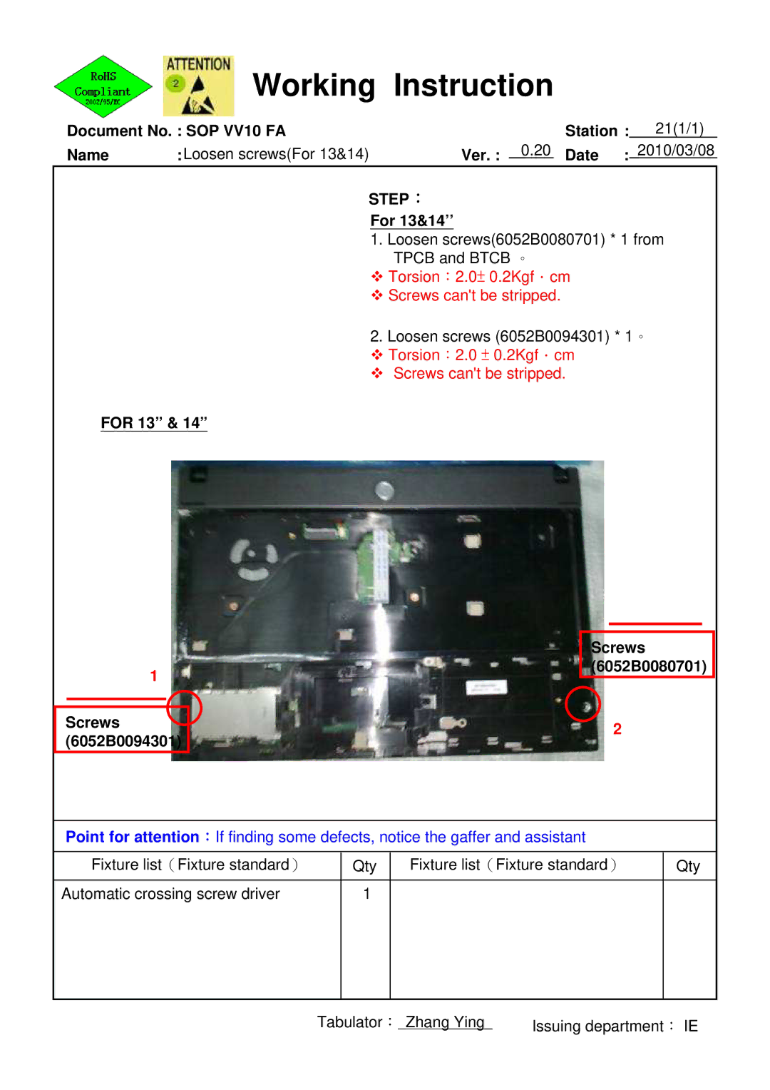 HP 620 manual For 13&14’’, For 13 Screws 6052B0094301 Screws 6052B0080701 