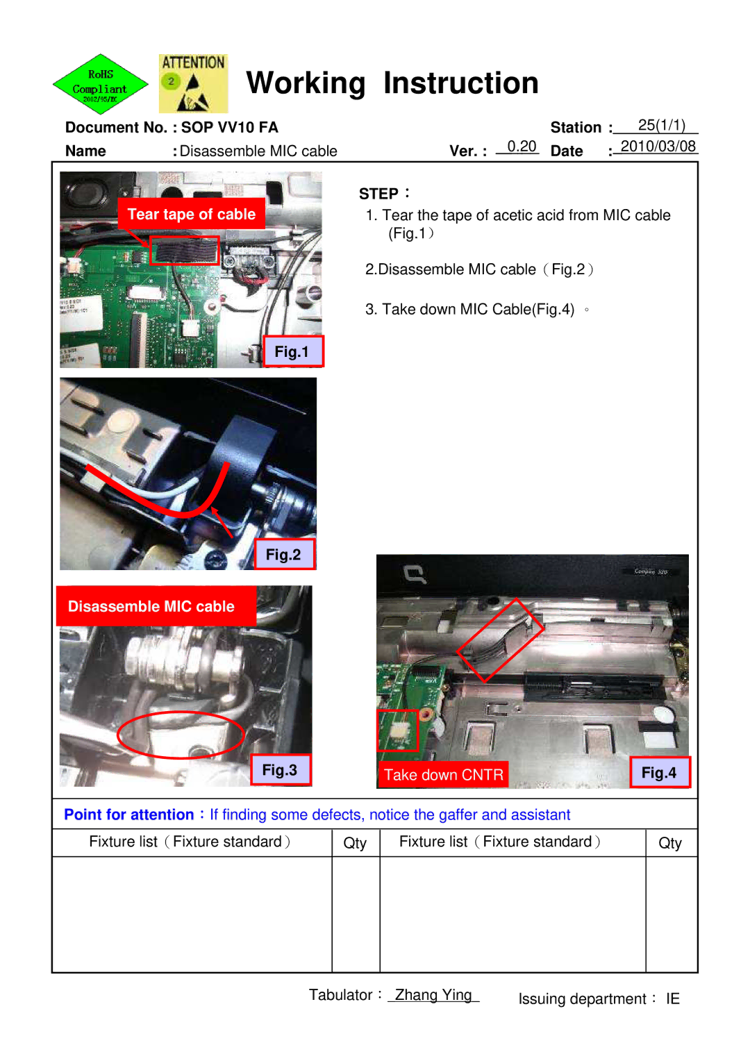 HP 620 manual Tear tape of cable, Disassemble MIC cable 