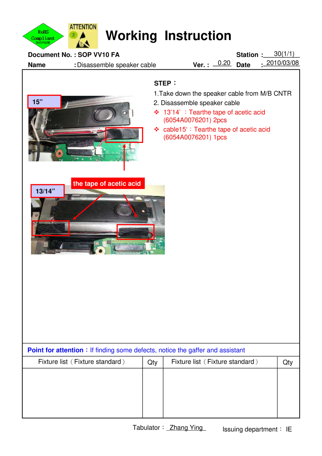 HP 620 manual Tape of acetic acid 