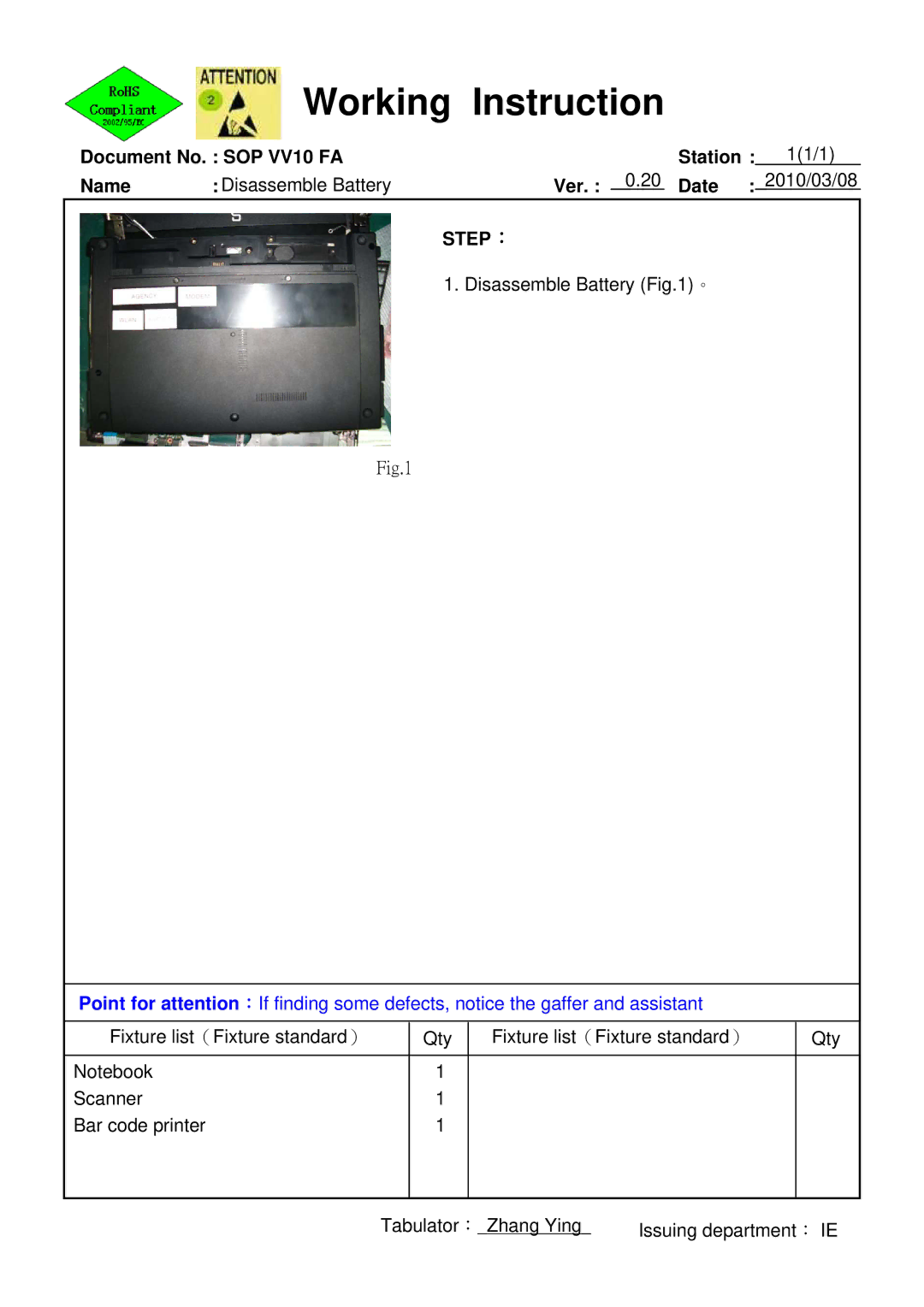 HP 620 manual Working Instruction 