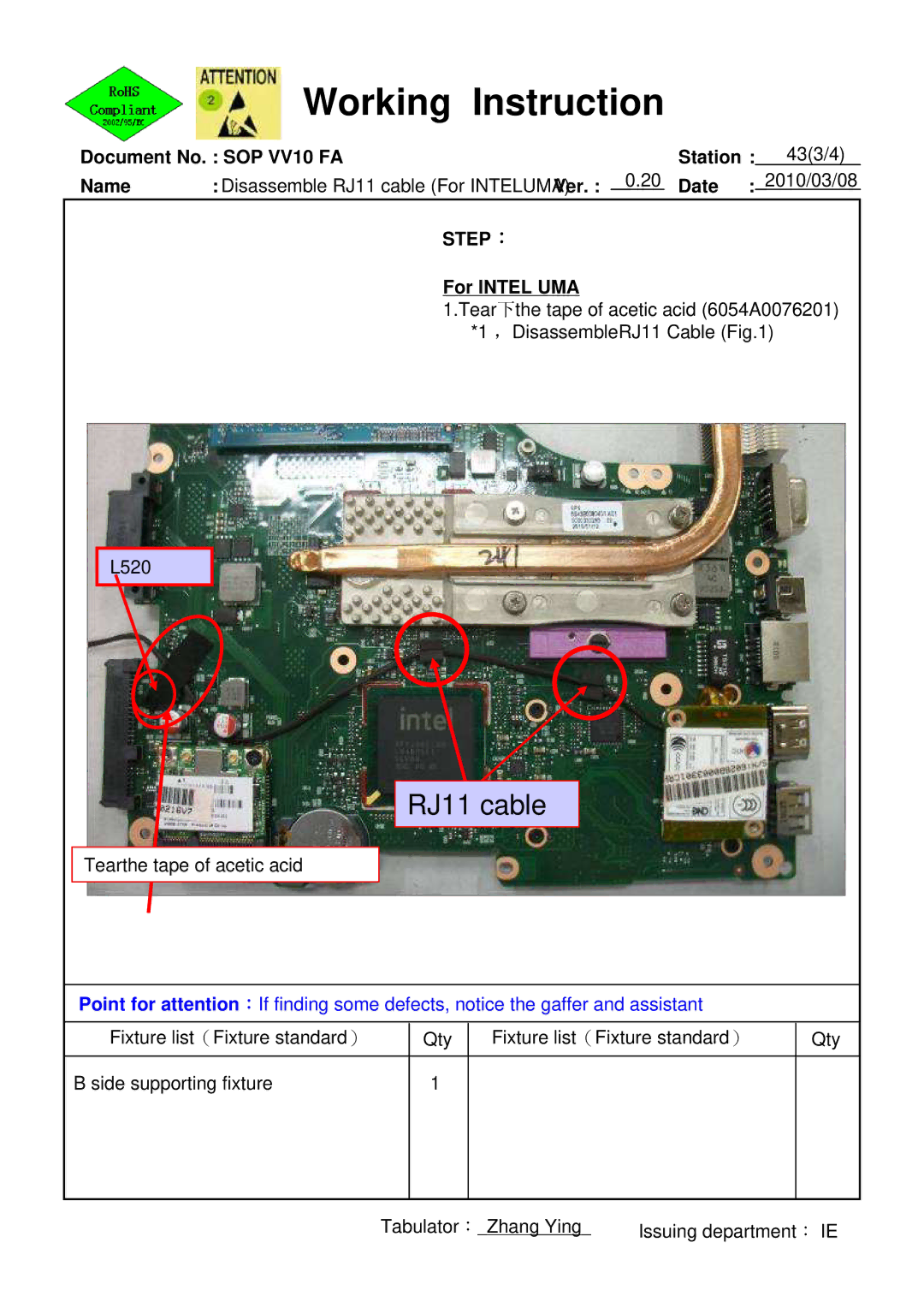 HP 620 manual Document No. SOP VV10 FA Station 433/4 Name, For Intel UMA 