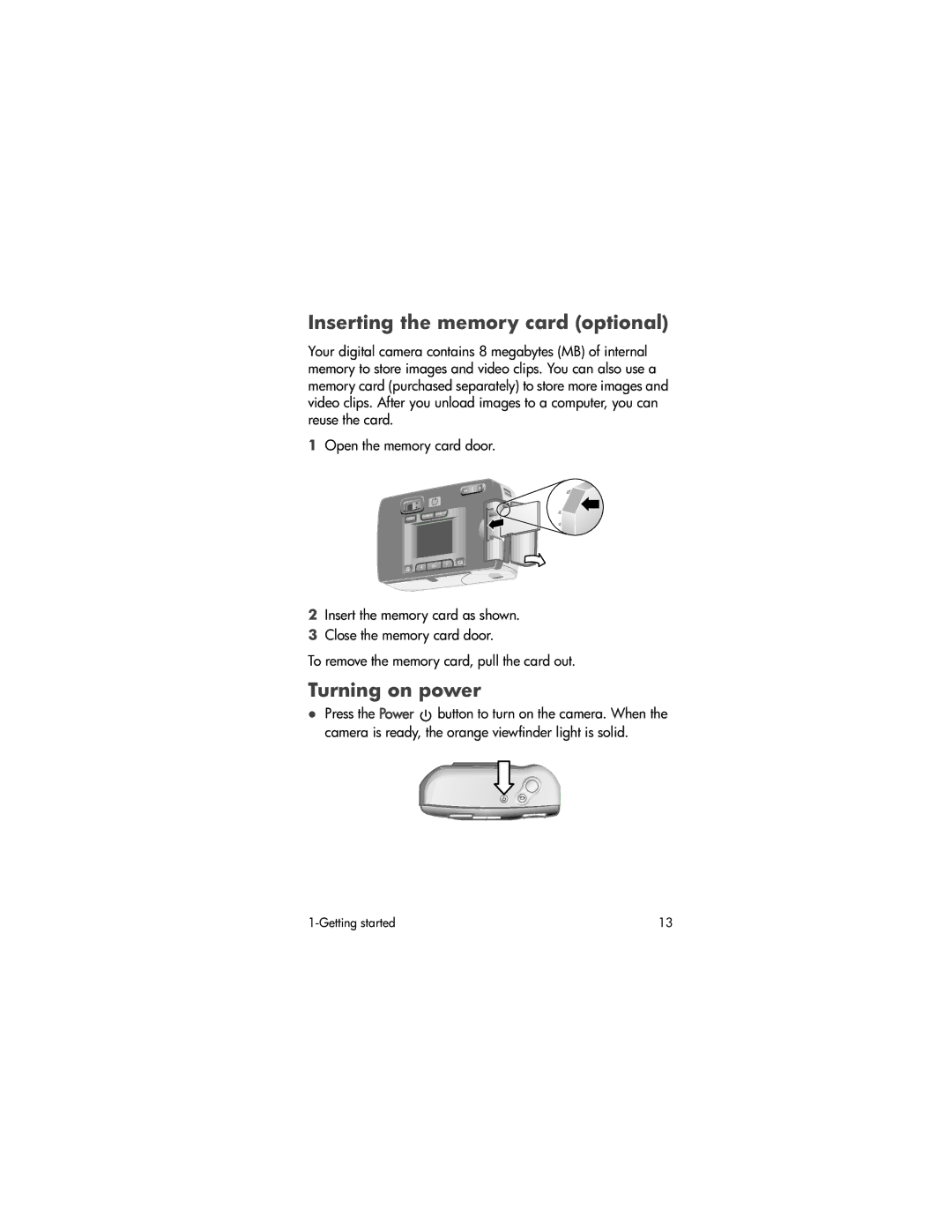 HP 620 manual Inserting the memory card optional, Turning on power 