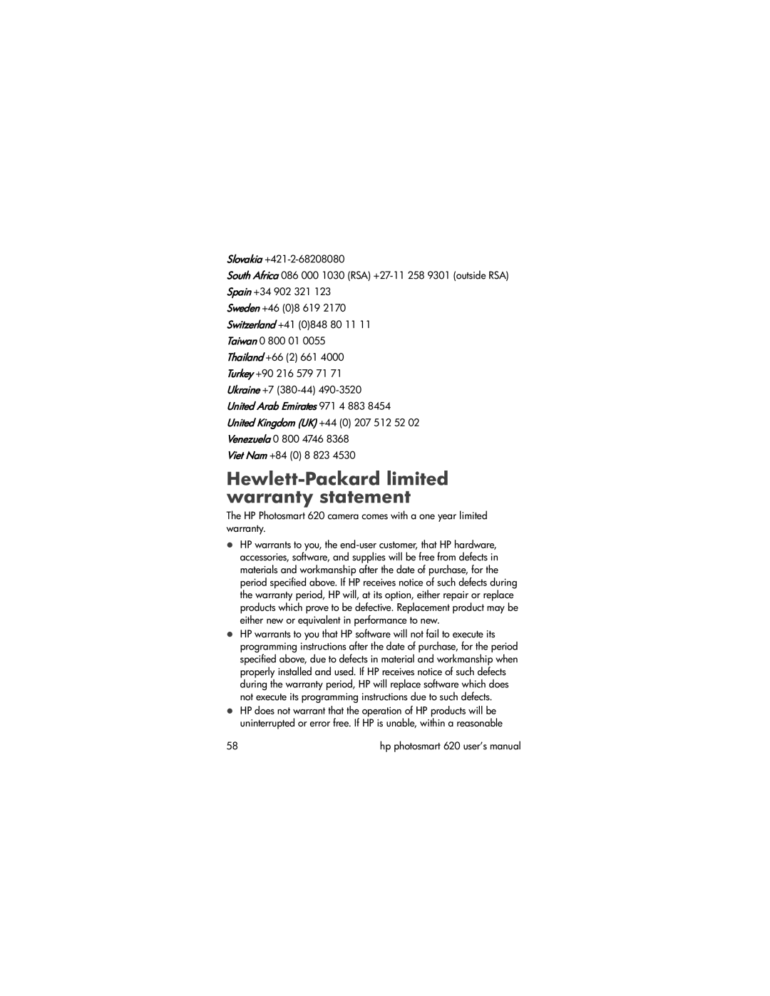 HP 620 manual Hewlett-Packard limited warranty statement 