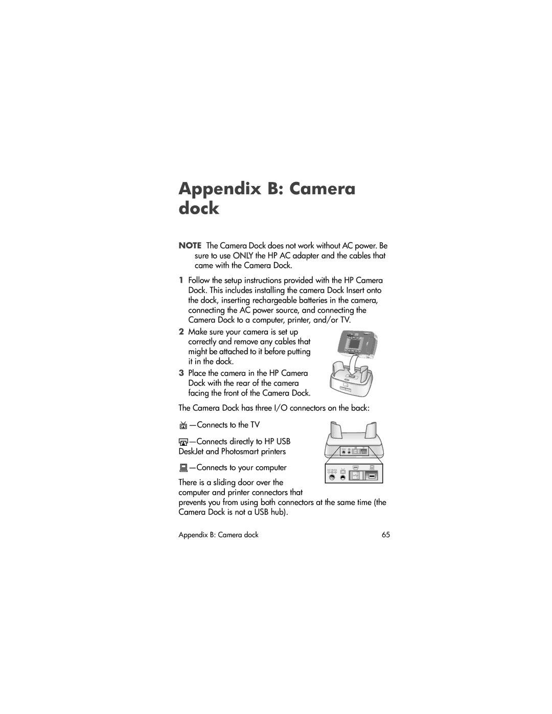 HP 620 manual Appendix B Camera dock 