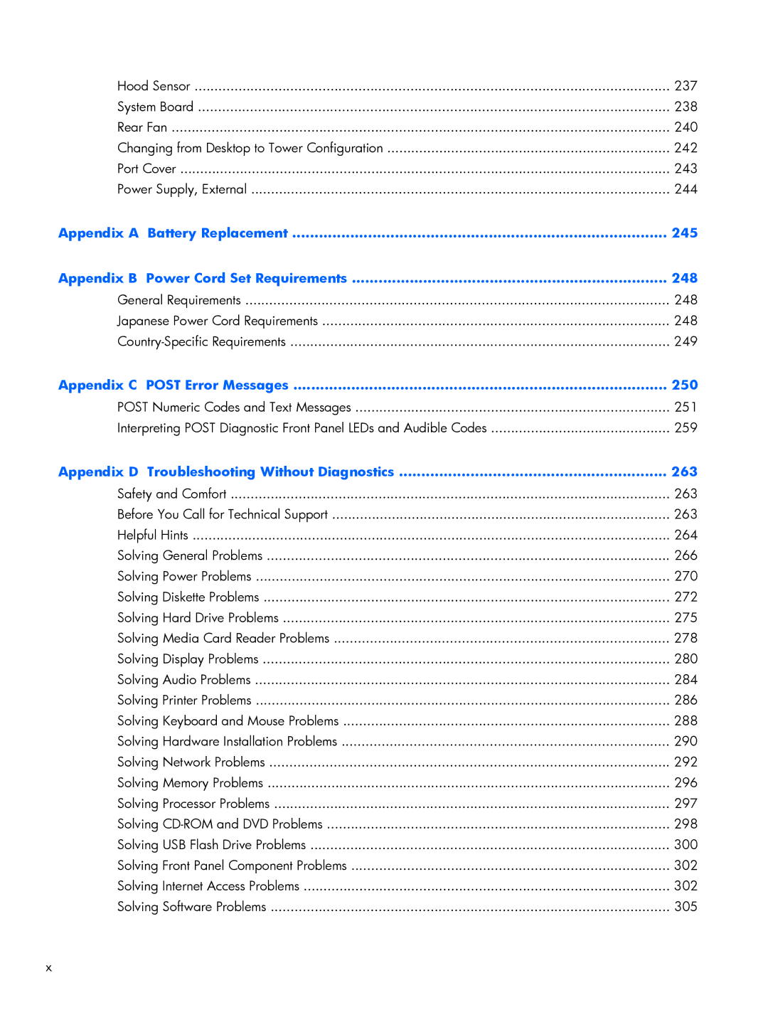 HP 6200 Pro A2W44UT#ABA, 6200 Pro H3D90USABA, 6200 PRO QN084AW#ABA, 8200 A2W54UT#ABA manual Appendix C Post Error Messages 250 