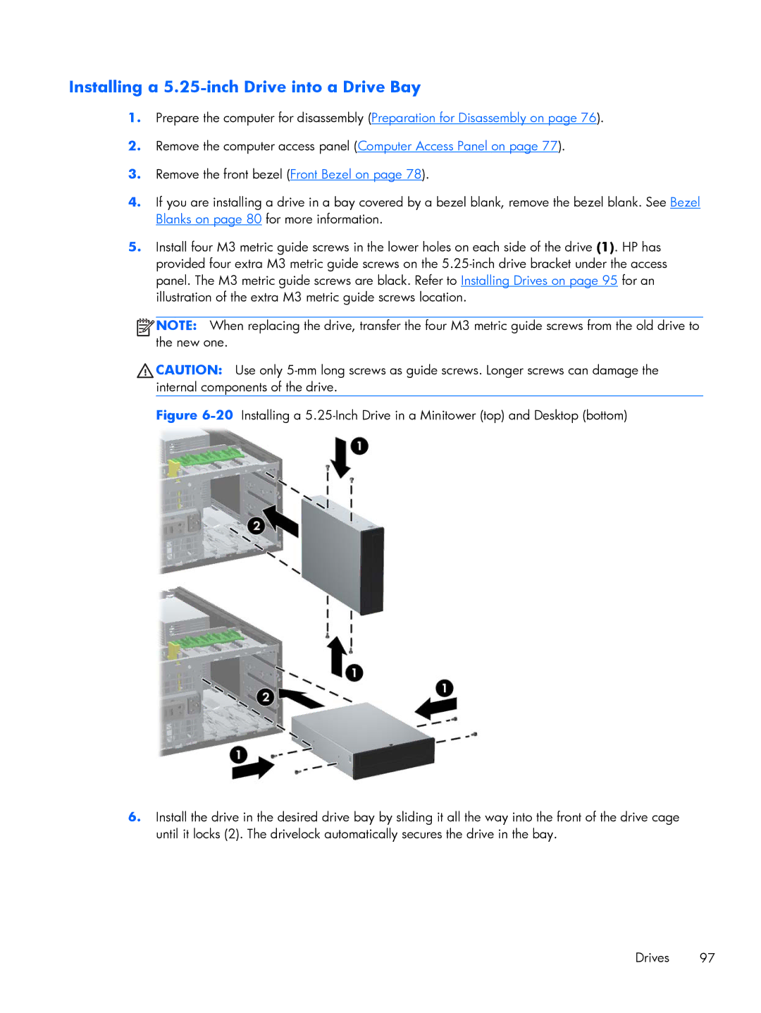 HP 6200 PRO QN084AW#ABA, 6200 Pro H3D90USABA, 6200 Pro A2W44UT#ABA manual Installing a 5.25-inch Drive into a Drive Bay 