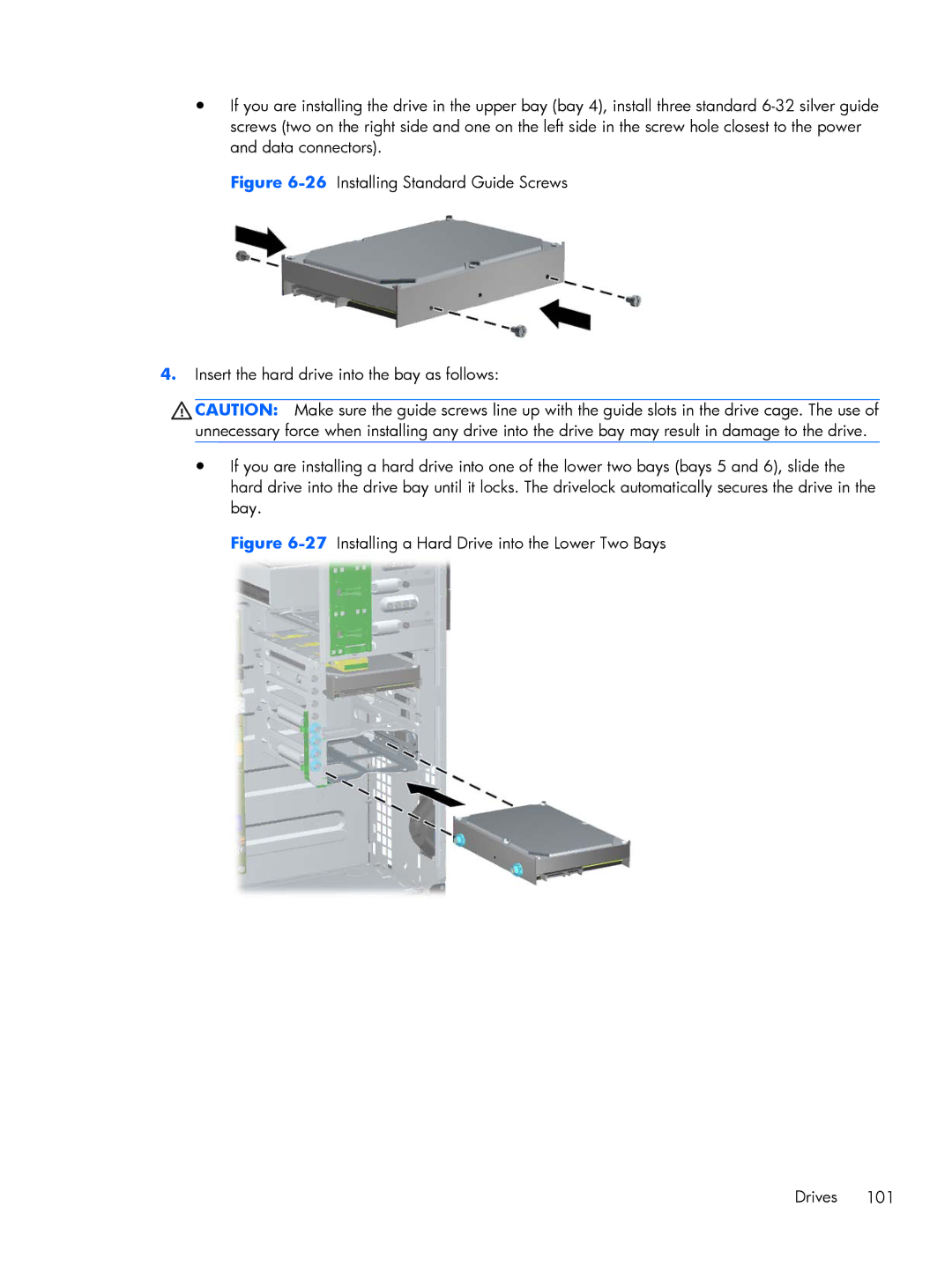 HP 6200 PRO QN084AW#ABA, 6200 Pro H3D90USABA, 6200 Pro A2W44UT#ABA 27Installing a Hard Drive into the Lower Two Bays Drives 