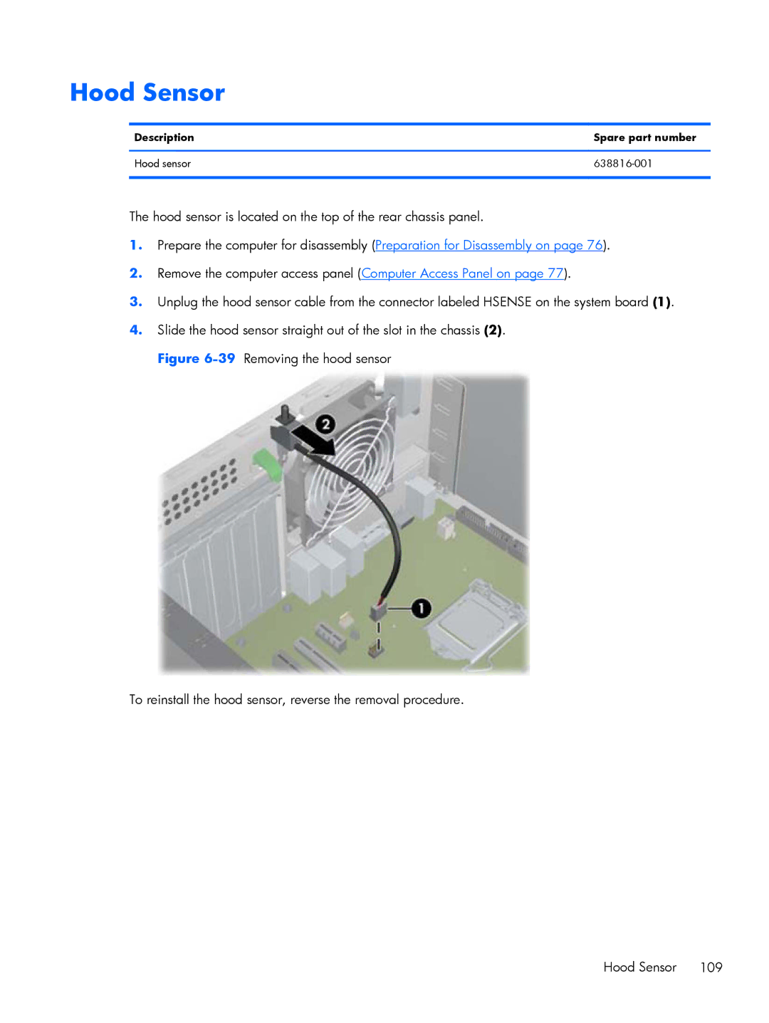 HP 6200 PRO QN084AW#ABA, 6200 Pro H3D90USABA manual Hood Sensor, Description Spare part number Hood sensor 638816-001 