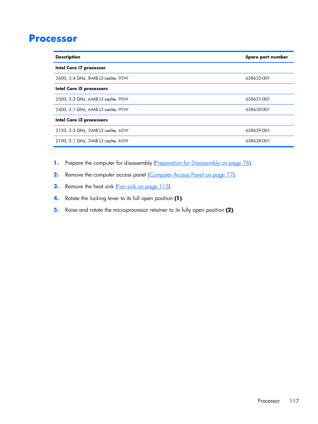 HP 6200 PRO QN084AW#ABA manual Processor, Description Spare part number Intel Core i7 processor, Intel Core i5 processors 