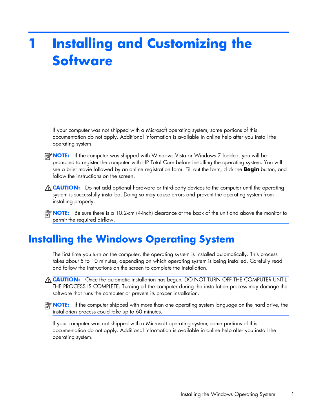 HP 6200 PRO QN084AW#ABA, 8200 A2W54UT#ABA Installing and Customizing the Software, Installing the Windows Operating System 