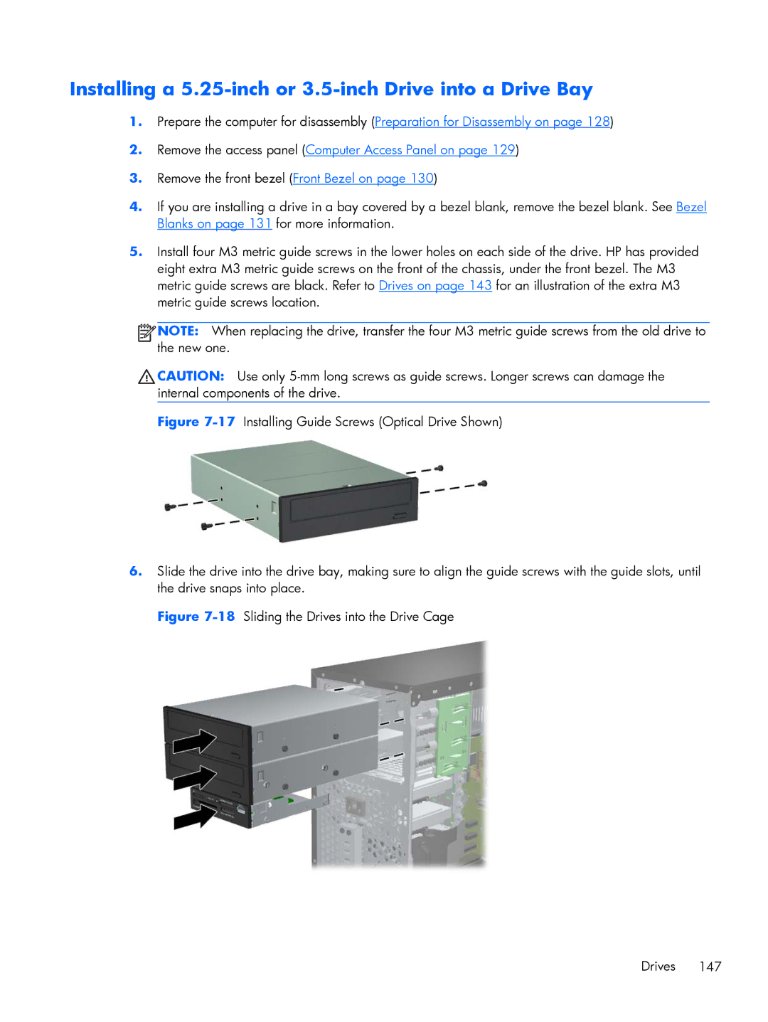 HP 8200 A2W54UT#ABA Installing a 5.25-inch or 3.5-inch Drive into a Drive Bay, 18Sliding the Drives into the Drive Cage 