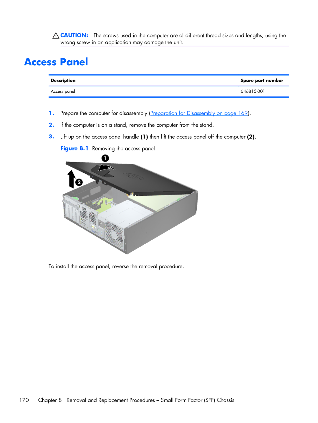 HP 6200 Pro A2W44UT#ABA, 6200 Pro H3D90USABA manual Access Panel, Description Spare part number Access panel 646815-001 