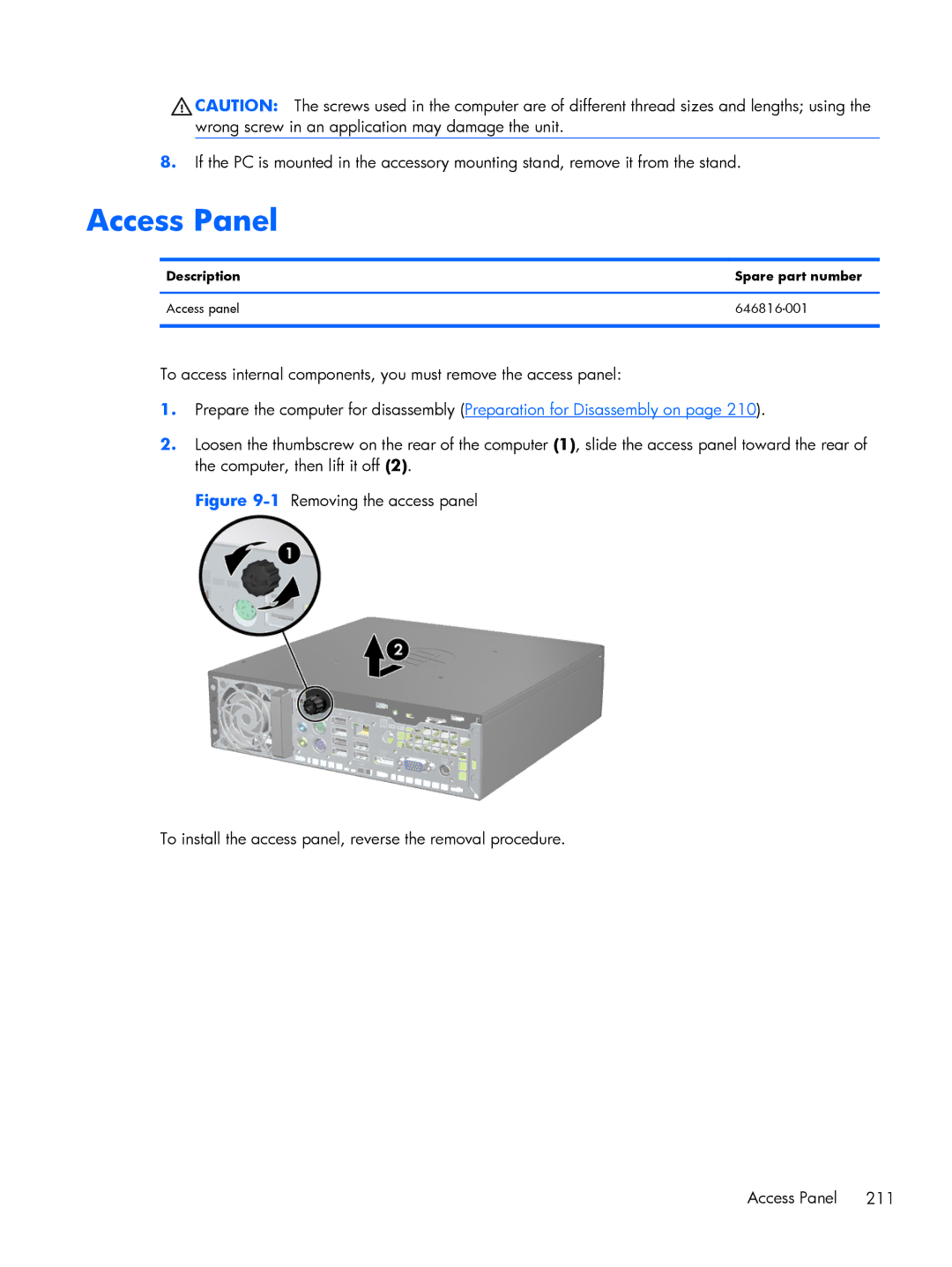 HP 8200 A2W54UT#ABA, 6200 Pro H3D90USABA manual Access Panel, Description Spare part number Access panel 646816-001 