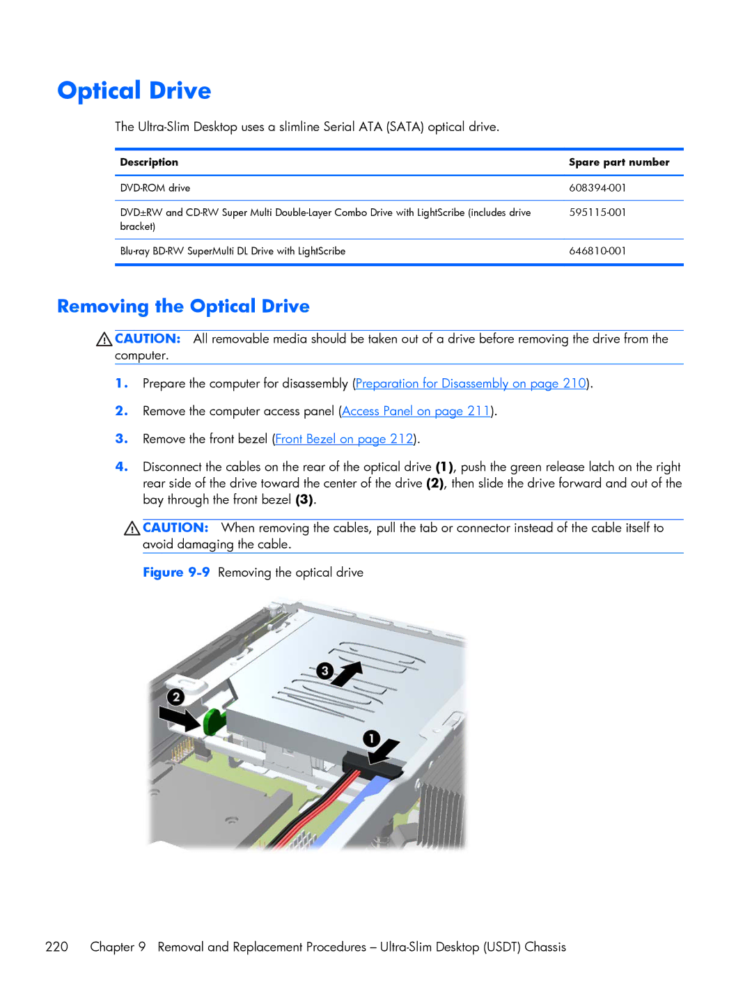 HP 6200 Pro H3D90USABA, 6200 PRO QN084AW#ABA, 6200 Pro A2W44UT#ABA, 8200 A2W54UT#ABA manual Removing the Optical Drive 