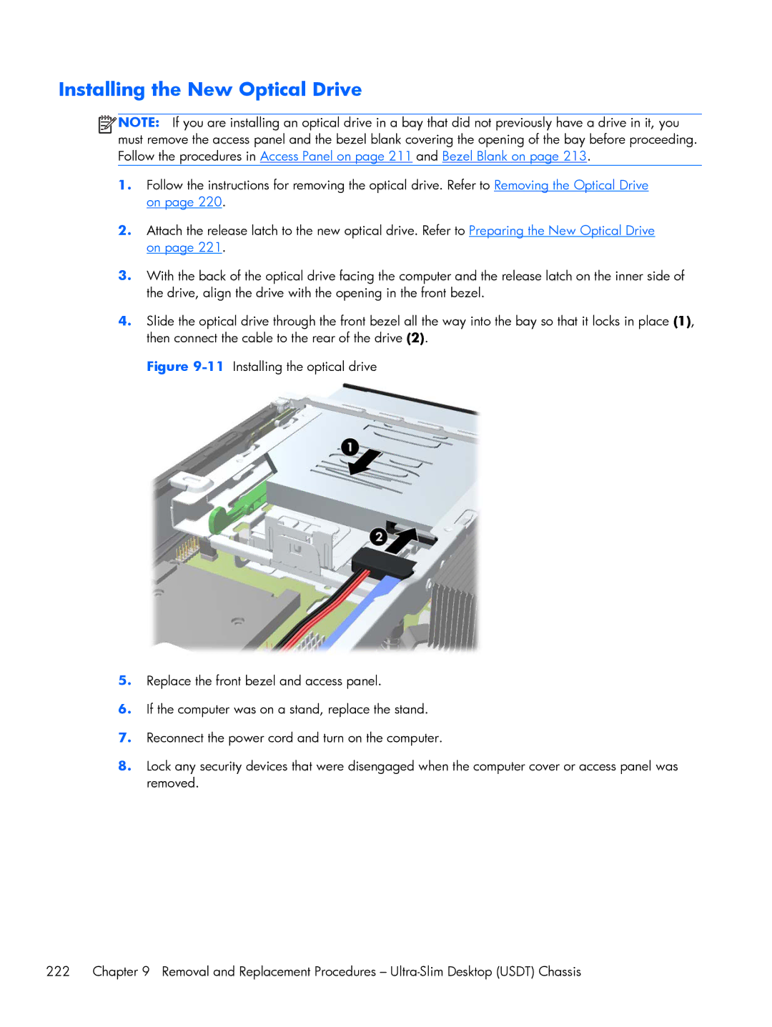 HP 6200 Pro A2W44UT#ABA, 6200 Pro H3D90USABA, 6200 PRO QN084AW#ABA, 8200 A2W54UT#ABA manual Installing the New Optical Drive 