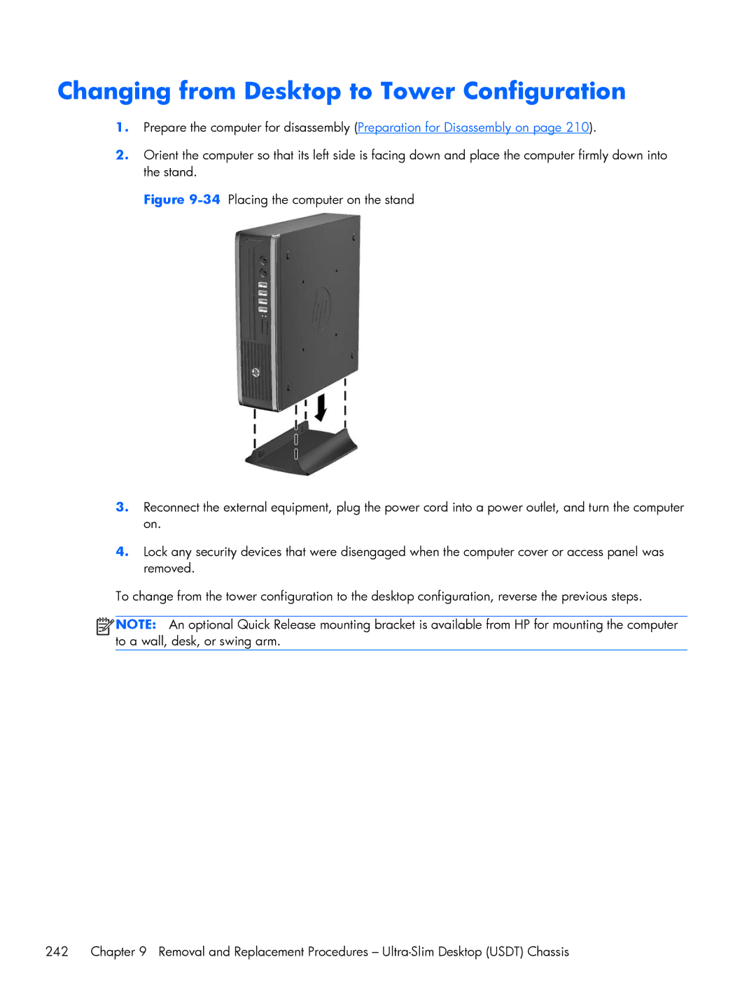 HP 6200 Pro A2W44UT#ABA, 6200 Pro H3D90USABA, 6200 PRO QN084AW#ABA manual Changing from Desktop to Tower Configuration 