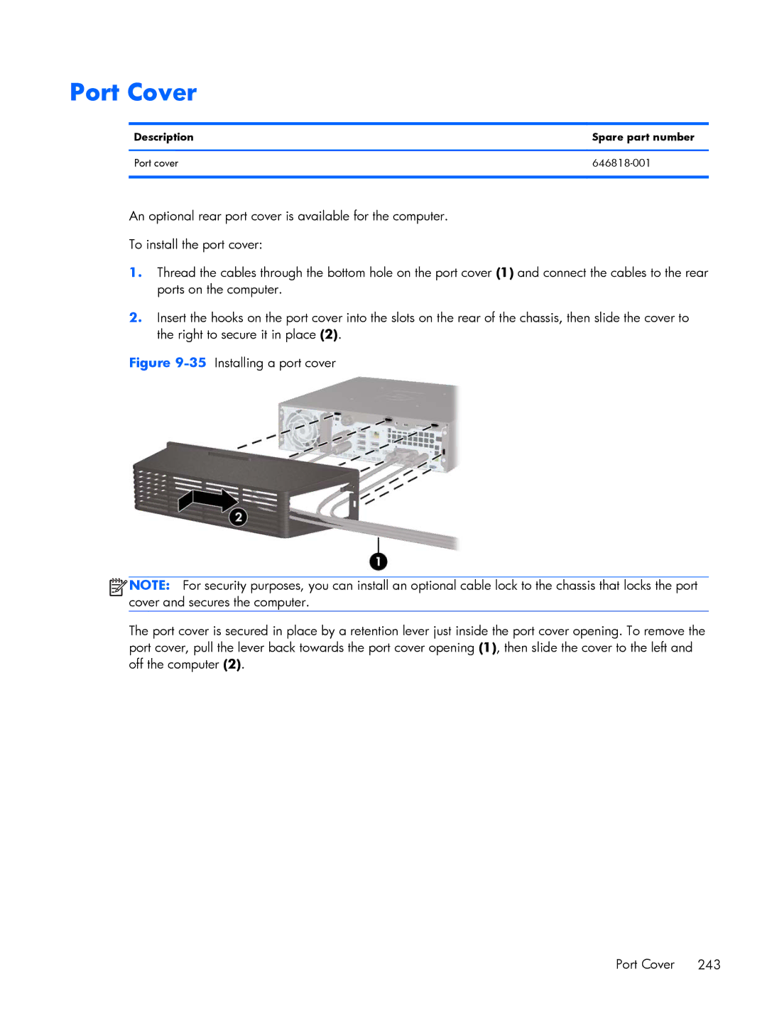 HP 8200 A2W54UT#ABA, 6200 Pro H3D90USABA manual Port Cover, Description Spare part number Port cover 646818-001 