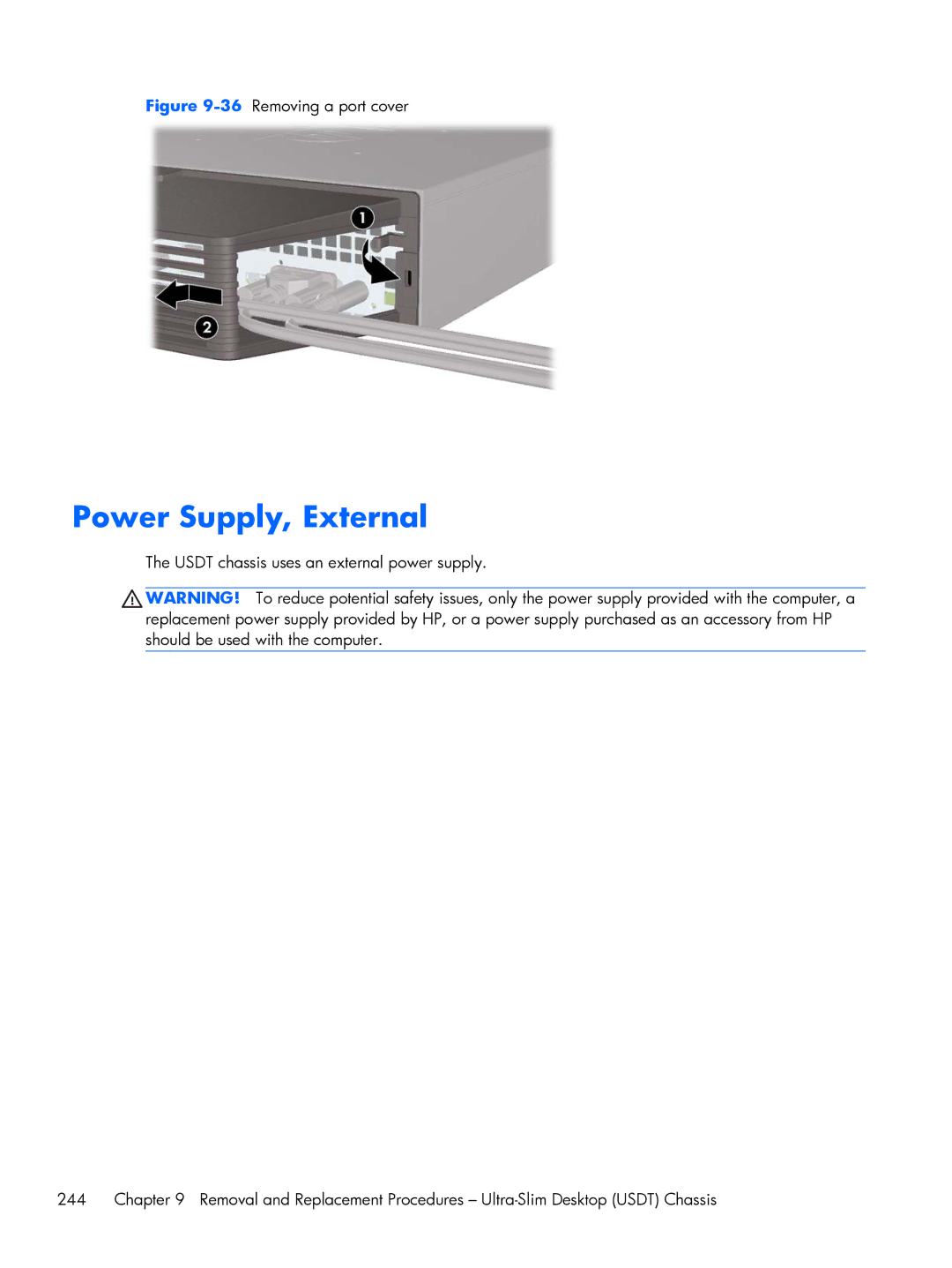 HP 6200 Pro H3D90USABA, 6200 PRO QN084AW#ABA, 6200 Pro A2W44UT#ABA manual Power Supply, External, 36Removing a port cover 