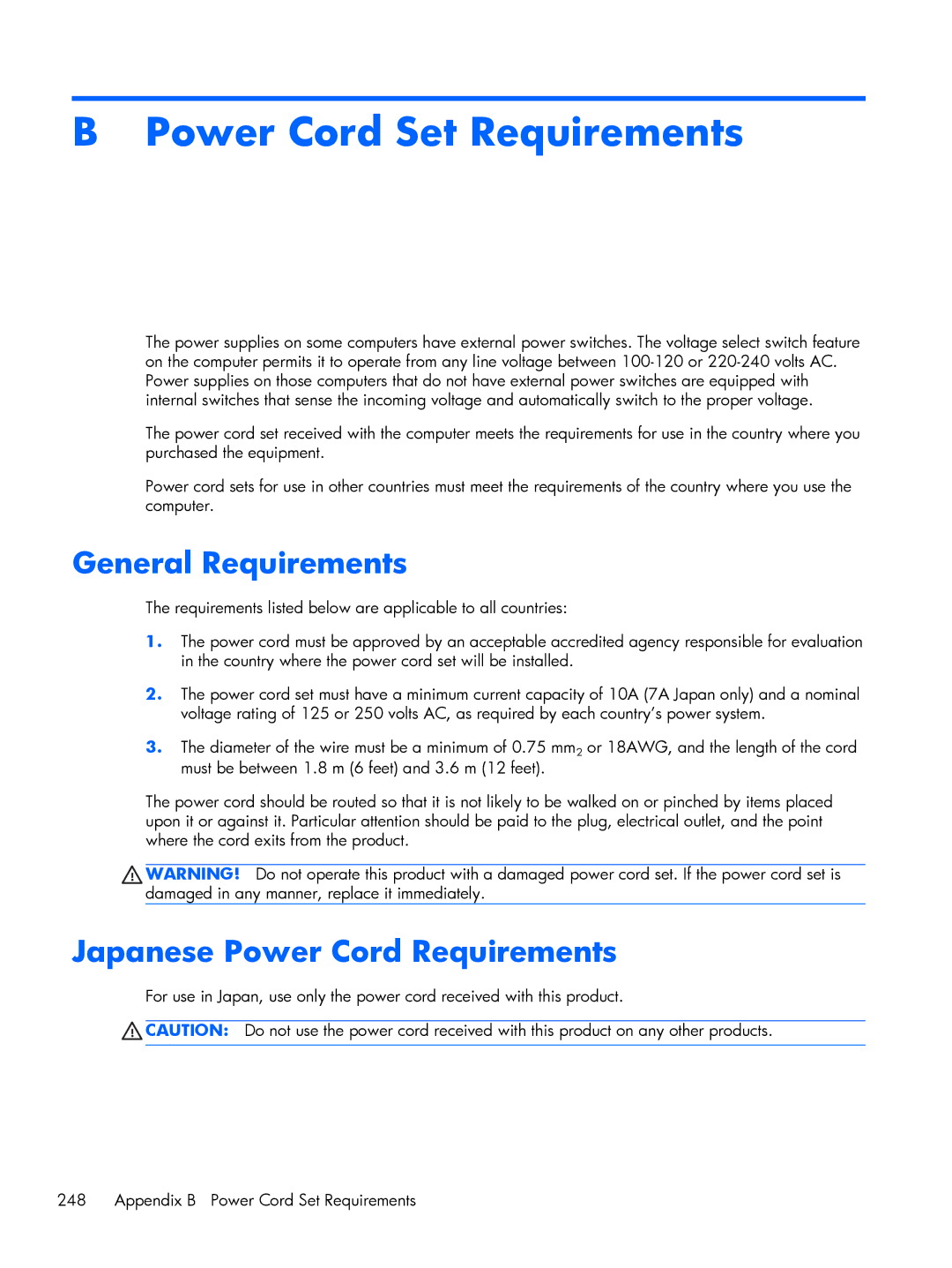 HP 6200 Pro H3D90USABA, 6200 PRO QN084AW#ABA, 6200 Pro A2W44UT#ABA General Requirements, Japanese Power Cord Requirements 