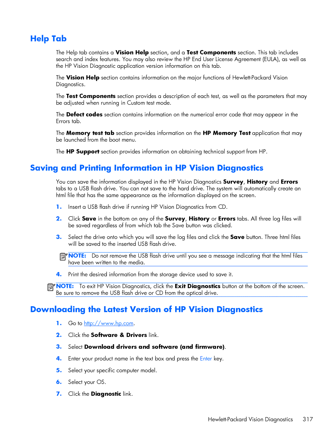 HP 6200 PRO QN084AW#ABA, 6200 Pro H3D90USABA manual Help Tab, Saving and Printing Information in HP Vision Diagnostics 