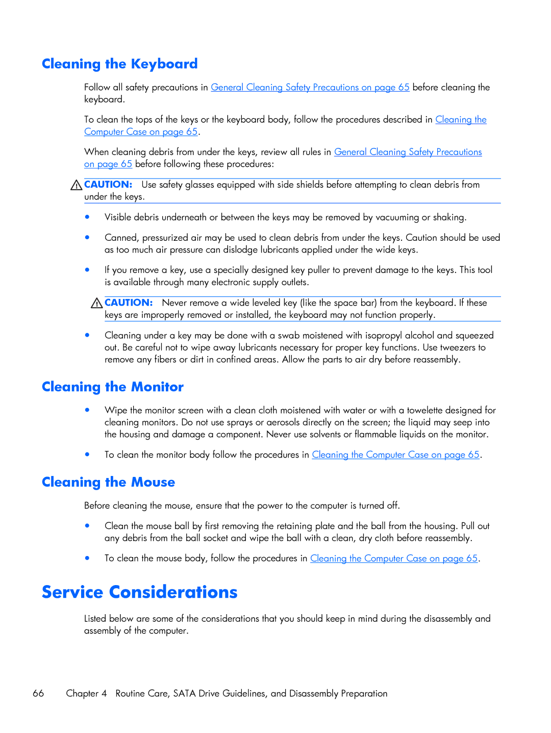 HP 6200 Pro A2W44UT#ABA manual Service Considerations, Cleaning the Keyboard, Cleaning the Monitor, Cleaning the Mouse 