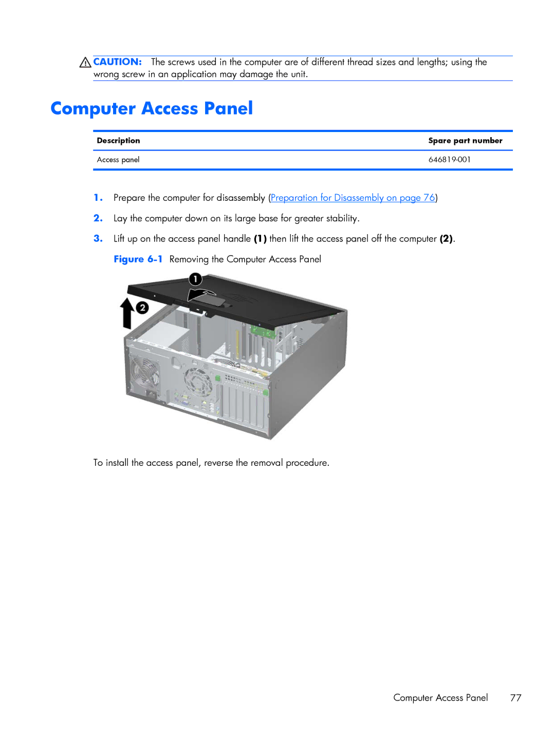 HP 6200 PRO QN084AW#ABA, 6200 Pro H3D90USABA Computer Access Panel, Description Spare part number Access panel 646819-001 