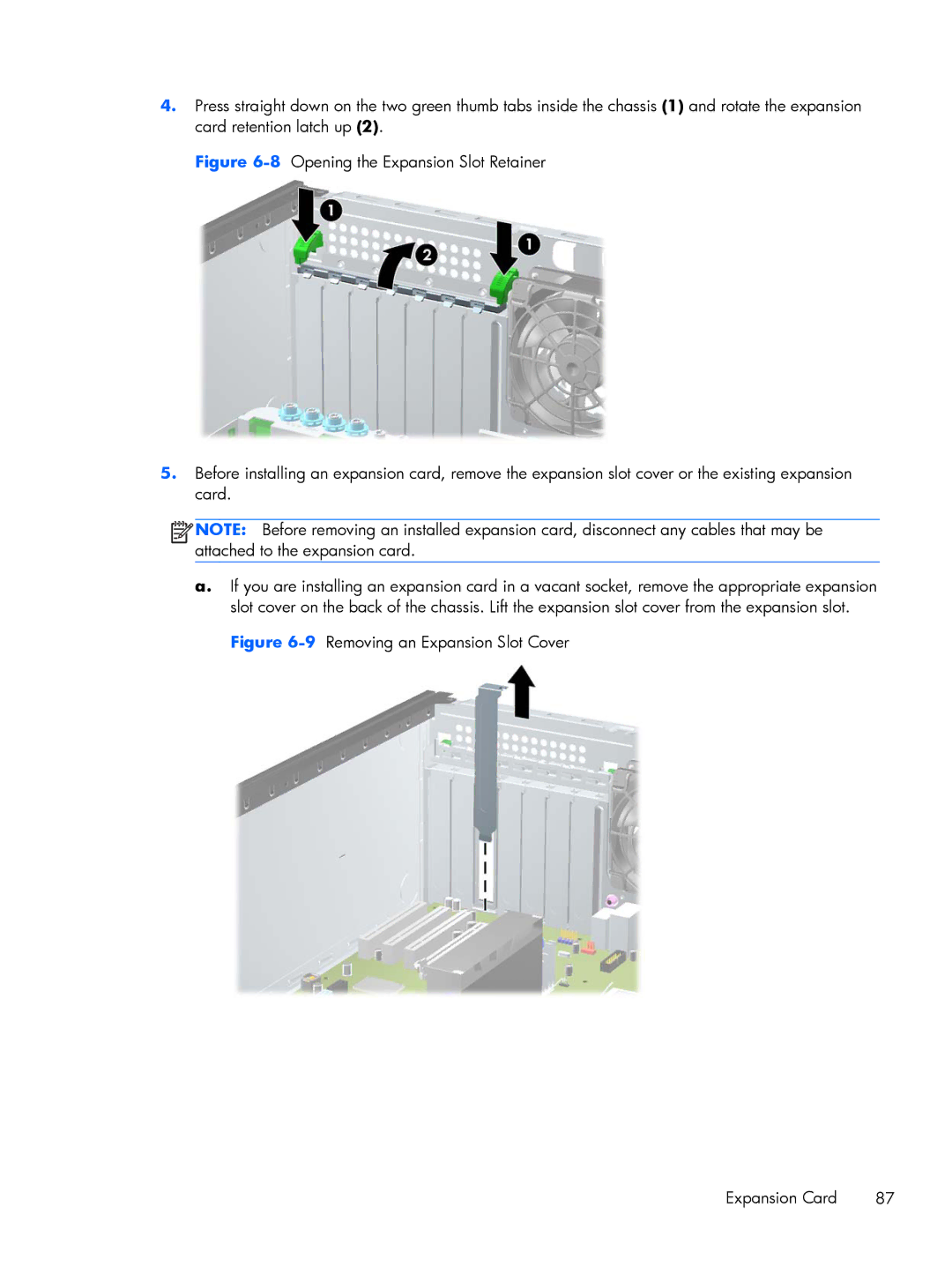 HP 8200 A2W54UT#ABA, 6200 Pro H3D90USABA, 6200 PRO QN084AW#ABA manual 9Removing an Expansion Slot Cover Expansion Card 