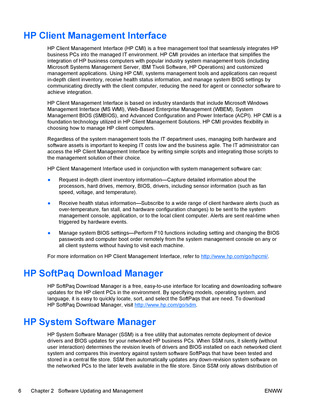 HP 6200 Pro manual HP Client Management Interface, HP SoftPaq Download Manager, HP System Software Manager 