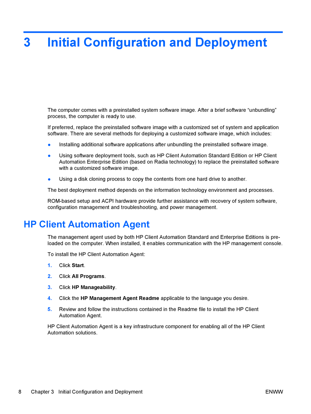 HP 6200 Pro manual Initial Configuration and Deployment, HP Client Automation Agent 