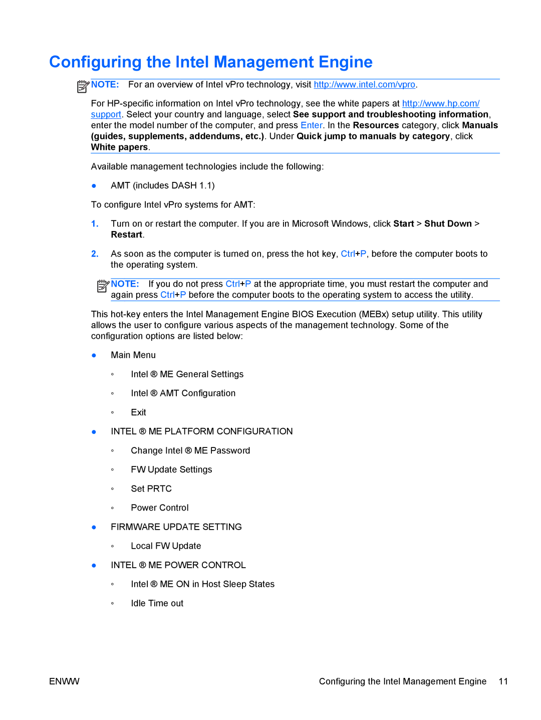 HP 6200 Pro manual Configuring the Intel Management Engine 