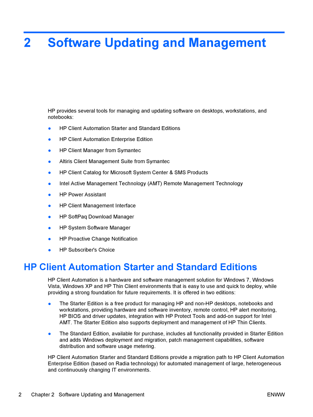 HP 6200 Pro manual Software Updating and Management, HP Client Automation Starter and Standard Editions 