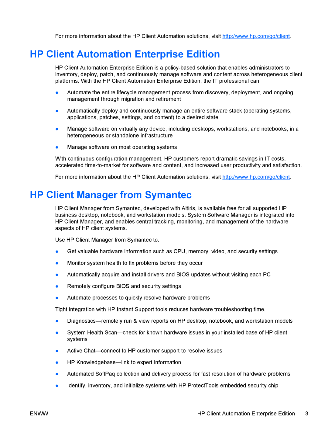 HP 6200 Pro manual HP Client Automation Enterprise Edition, HP Client Manager from Symantec 