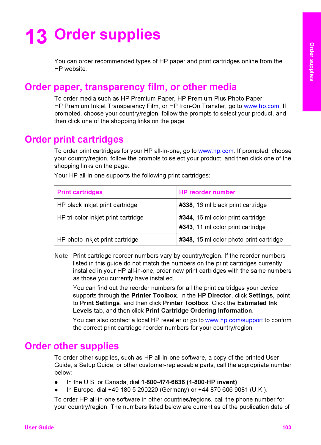 HP 6200 manual Order supplies, Order paper, transparency film, or other media, Order print cartridges, Order other supplies 