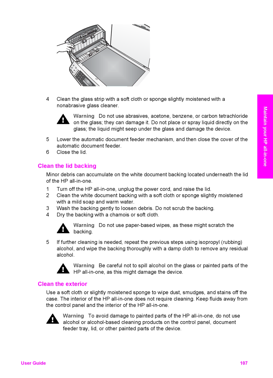 HP 6200 manual Clean the lid backing, Clean the exterior 