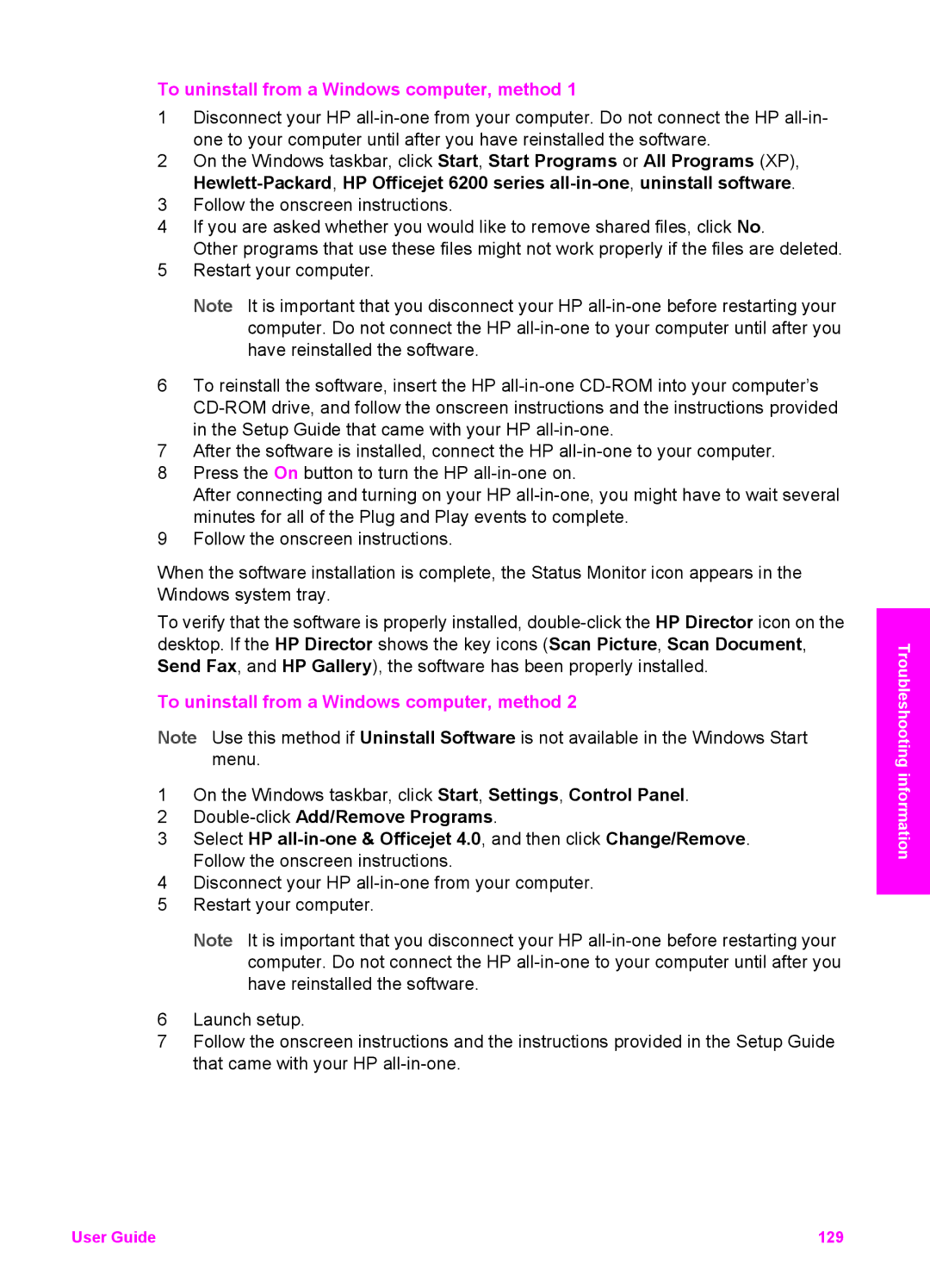HP 6200 manual To uninstall from a Windows computer, method 