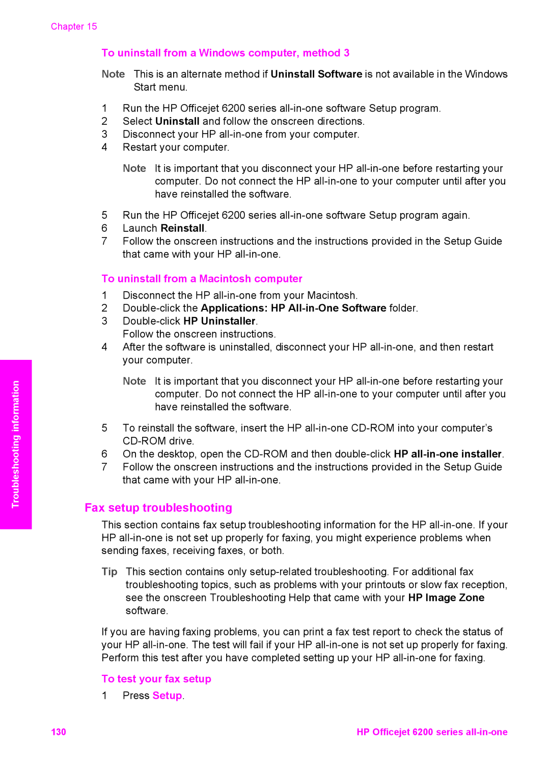 HP 6200 manual Fax setup troubleshooting, To uninstall from a Macintosh computer, To test your fax setup 