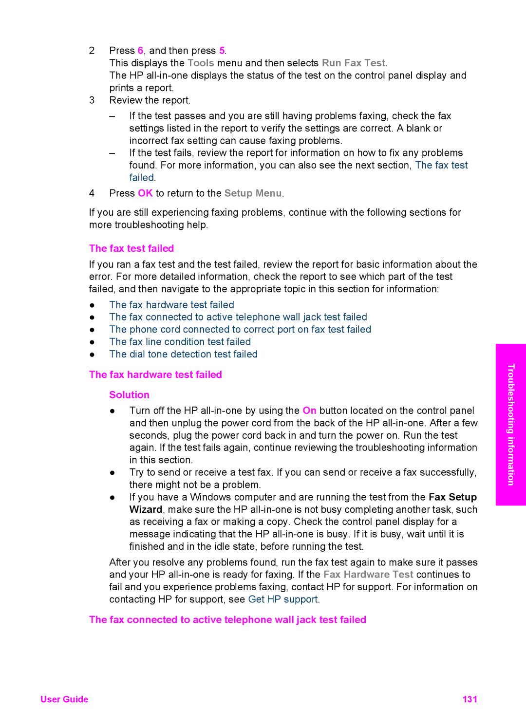 HP 6200 manual Fax test failed, Fax hardware test failed Solution, Fax connected to active telephone wall jack test failed 