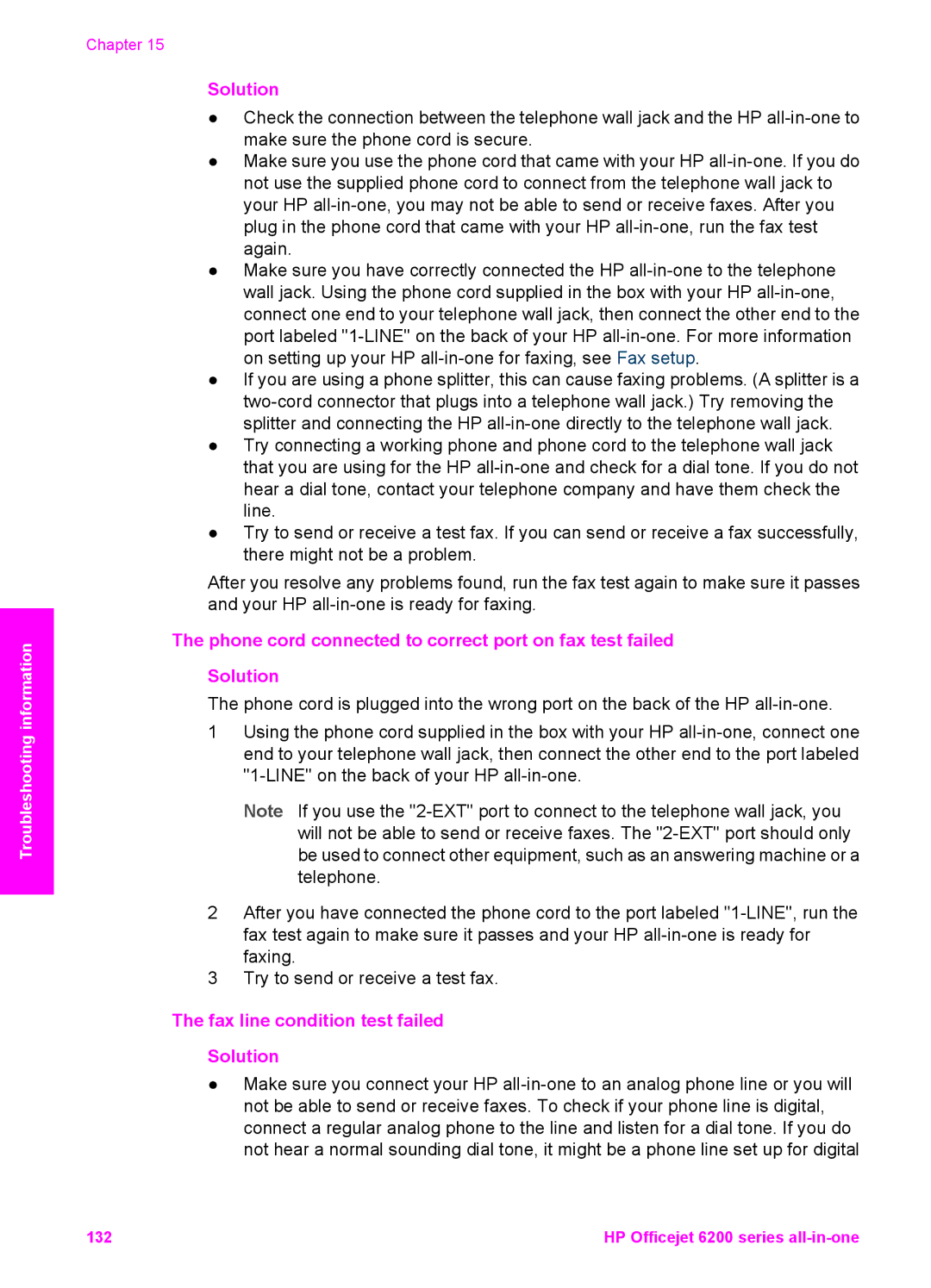 HP 6200 manual Fax line condition test failed Solution 