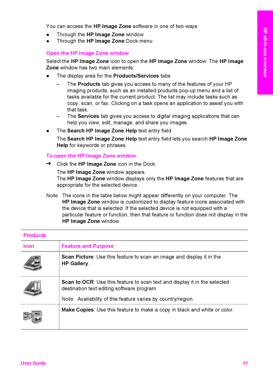 HP 6200 manual Open the HP Image Zone window, To open the HP Image Zone window, Products Icon Feature and Purpose 