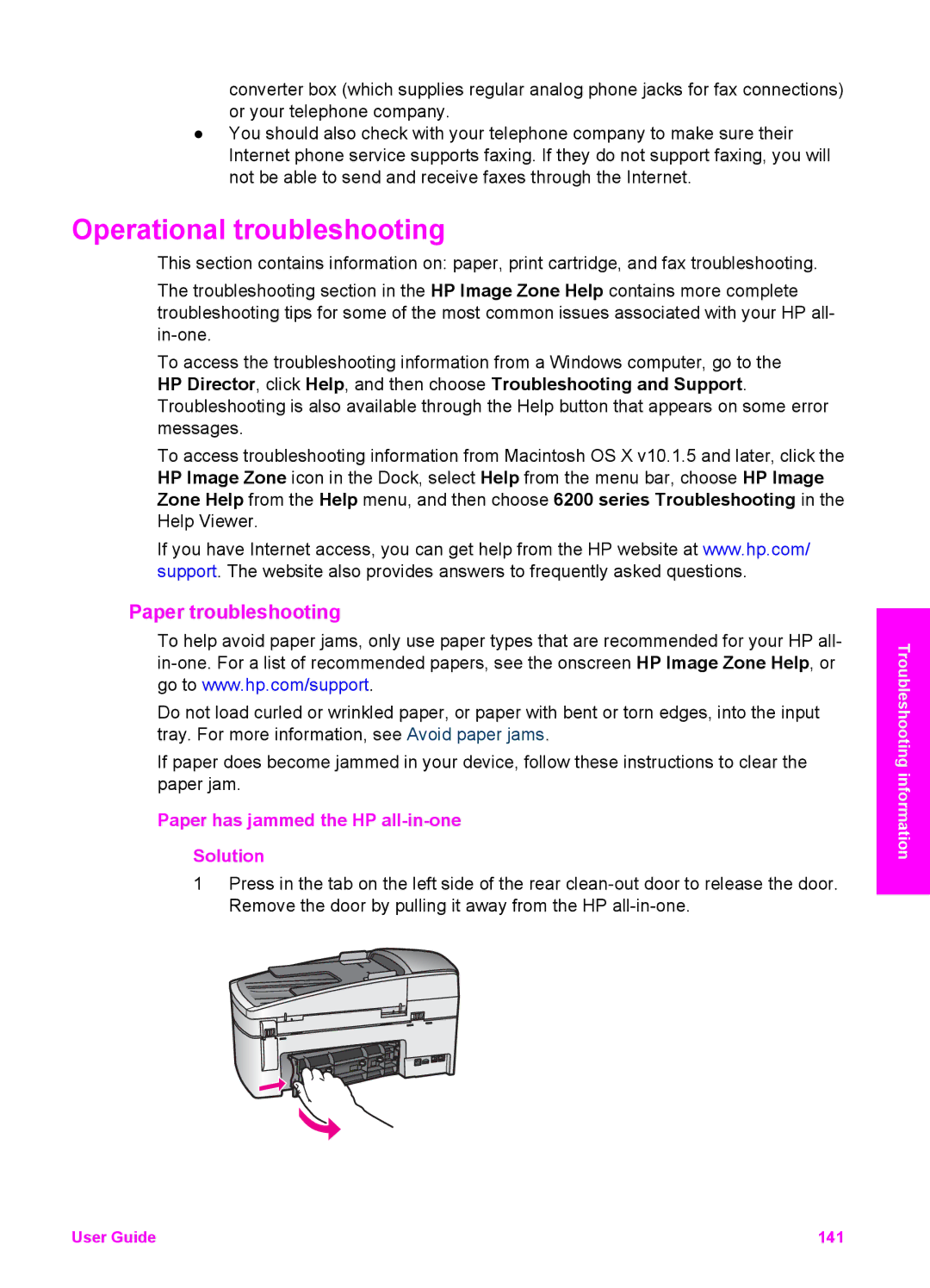 HP 6200 manual Operational troubleshooting, Paper troubleshooting, Paper has jammed the HP all-in-one Solution 