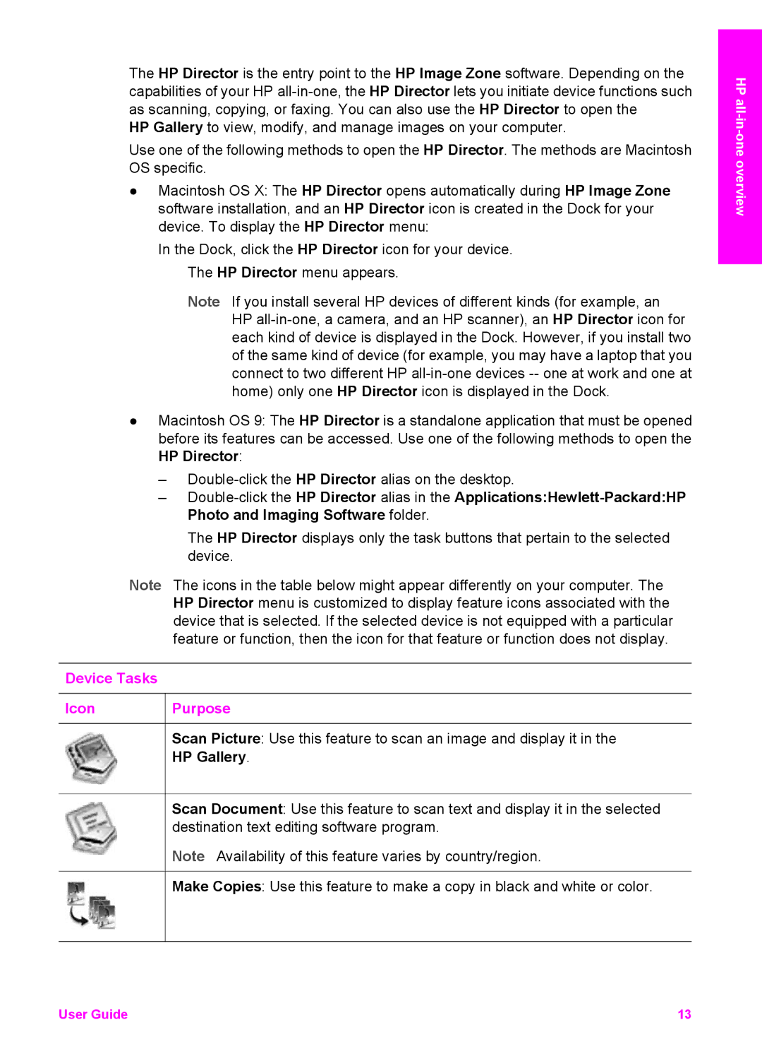 HP 6200 manual Device Tasks Icon Purpose 