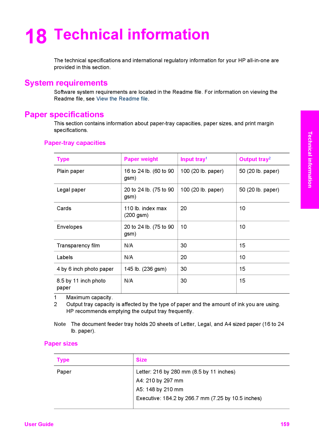 HP 6200 manual Technical information, Paper-tray capacities, Paper sizes 