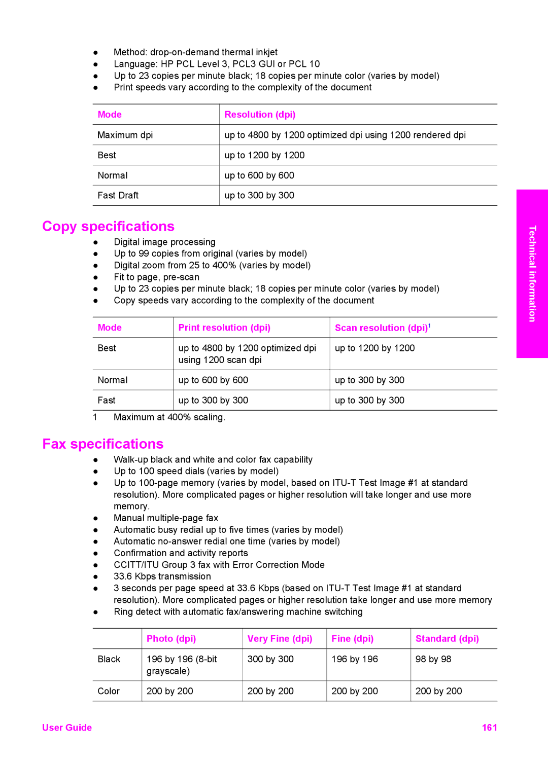 HP 6200 manual Copy specifications 